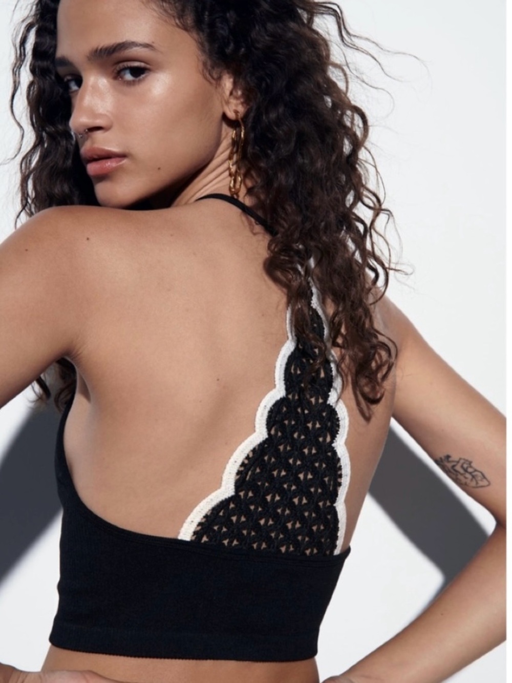 Zara Black Halter Crop Top – Contrast Crochet Low Back
